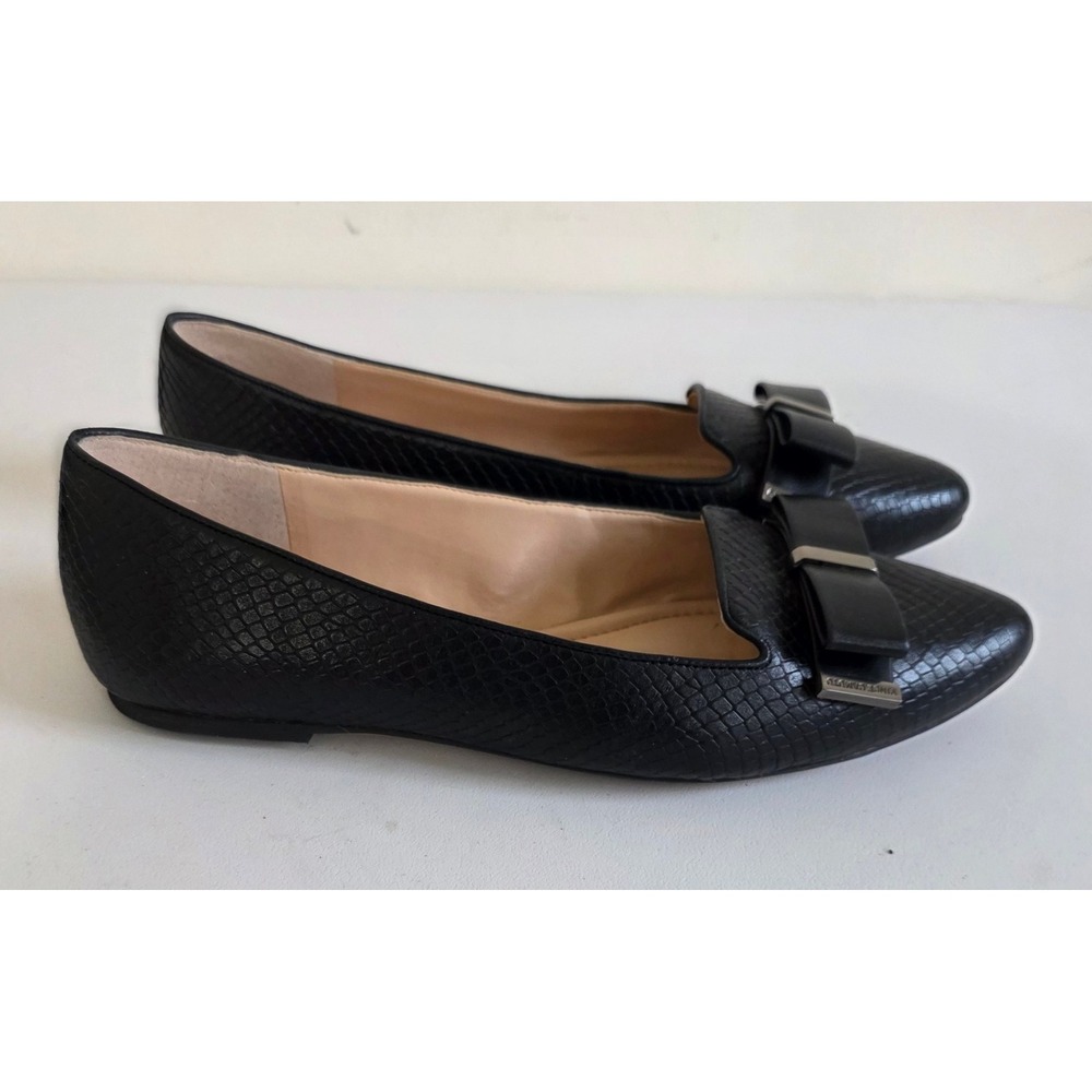 Vince Camuto Rowley Flats Women 10M Black Snake Embossed Bow Pointed Classic